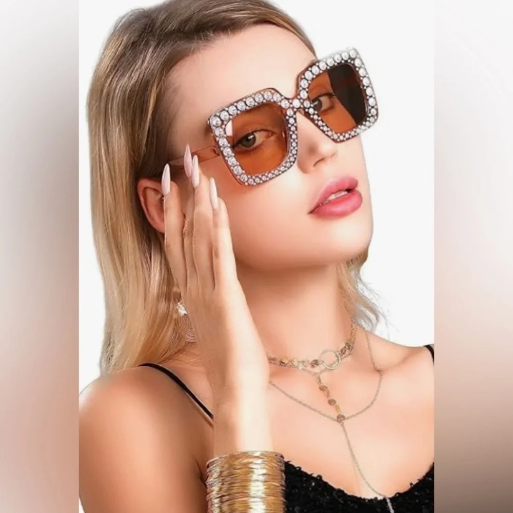 🆕 Women Oversized Rhinestone Sunglasses Square Bling Glasses Tan/Brown🆕